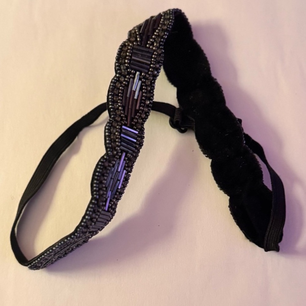FREE🌟Art Deco Vintage Beaded Scallop Headband Handmade Black Blue Old Hollywood